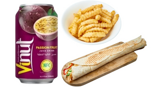 Rollo kebab tortilla, Napój o smaku marakui, frytki