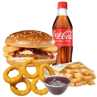 Барбекю бургер голямо меню + 5 лучени кръгчета и 1 бр. Сос