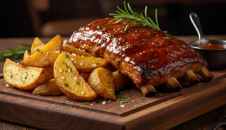 Coaste de porc marinate cu sos bbq și cartofi aurii