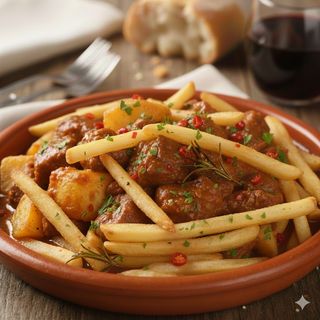 Patatas con carne y salsa