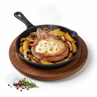 Costoletta di maiale In padella con porcini e patate al forno
