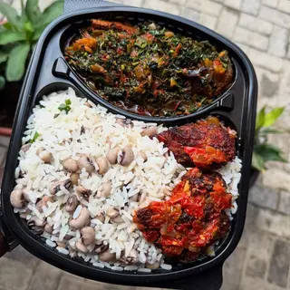 White Rice, Beans, Vegetable Sauce,  Protein & Coca Cola