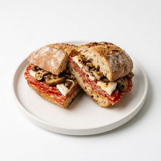 Panino con salame piccante, tuma e funghi piccanti