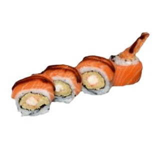203. Uramaki De Langostino Con Salmón Flameado (4 Uds.)