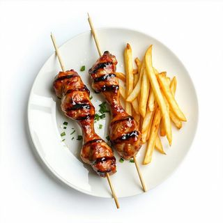 Cosce di pollo allo spiedo con patate fritte