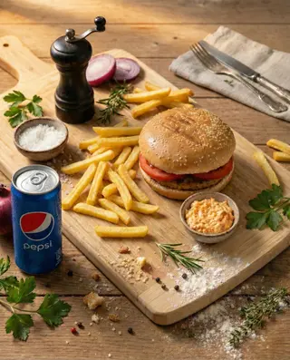 Burger 120g + Pomfrit 100g + Pepsi