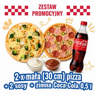 2 x mała(30cm) pizza+ 2 sosy + zimna Coca cola 0,5.