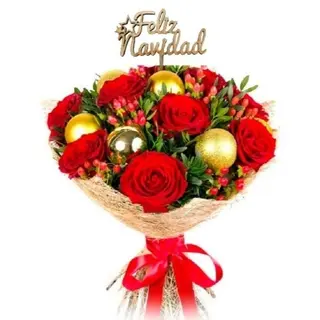 Ramo 9 Rosas Rojas con Acabado Navideño + Pick Madera «Feliz Navidad»