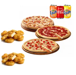 3 Pizzas medianas + 3 Bebidas + Nuggets x12
