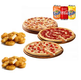 3 Pizzas medianas + 3 Bebidas + Nuggets x12