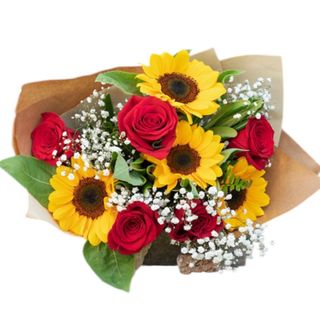 Fascio di Rose rosse extra Olandesi e Girasoli 