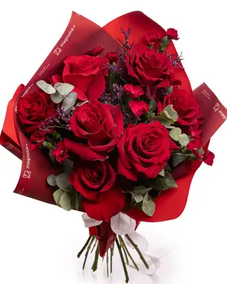 Buchet trandafiri roşii şi limonium