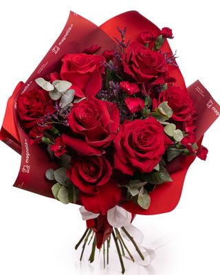 Buchet trandafiri roşii şi limonium