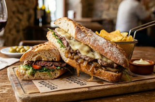 Bocadillo De Ternera Con Queso Y Cebolla