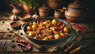 Tigaie picantă de porc cu cartofi copți