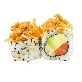Uramaki salmón , aguacate y cebolla crujiente