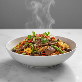 69 - Spaghetti di riso con manzo, verdura e uova