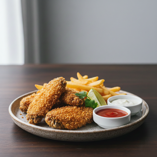 Pui crispy in pesmet panko cu sos picant si cartofi prajiti