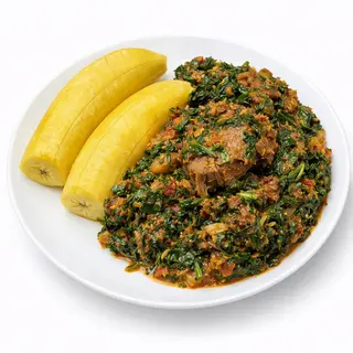 Boiled Unripe Plantain With Liver Sauce