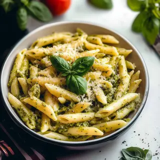Penne Al Pesto Verde Con Queso Vegano