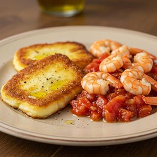 Saganaki cu creveţi cu sos de roşii făcut în casă, crumble de feta şi oregano
