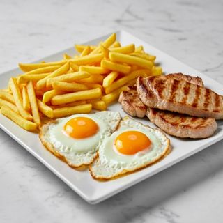 Huevos con lomo y ensalada