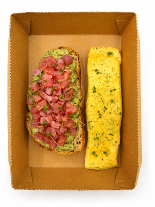 Avocado toast with tuna tartare and a French omelette