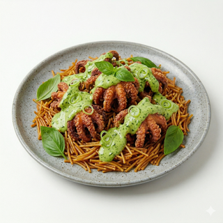 Fideos Tostados Con Pulpito Frito Y Alioli De Albahaca