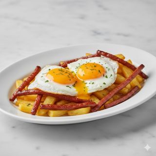 Plato de chistorra fina con huevos rotos