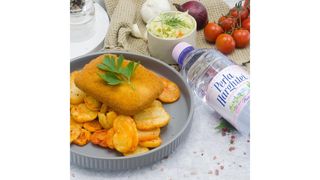 Cascaval pane cu pesmet auriu,rondele crocante de cartofi,salata de varza alba,apa plata