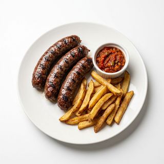 Телешки суджук с пресни пържени картофи и домашна лютеница 400г