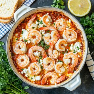 Creveti saganaki cu branza feta