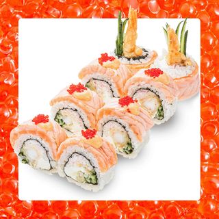 Рол Філадельфія Де Люкс з лососем абурі, креветкою темпура та крабміксом