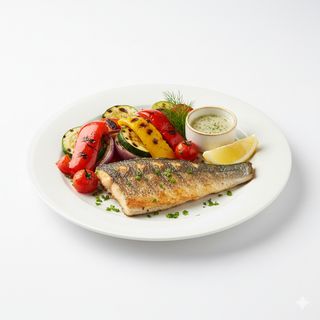 Лаврак с гриловани зеленчуци