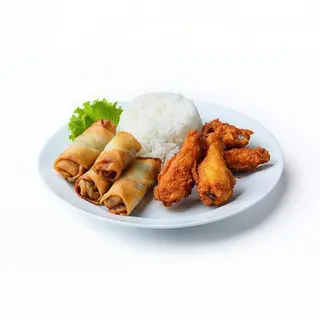 Rollo De Primavera, Arroz Frito Y Alas De Pollo Fritas