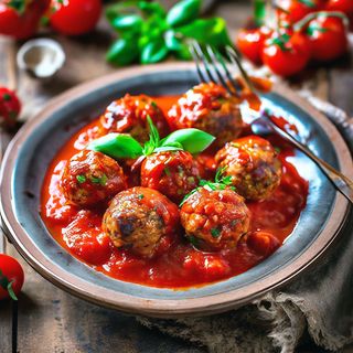 Фрикадельки у томатному соусі з гарніром та овочевим салатом (410г)