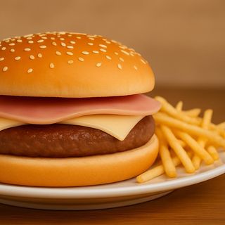 hamburguesa de pollo, con huevo y patatas