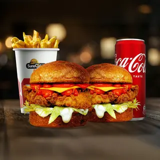 XL 2 x Buffalo Chicken burger + 1 x pomfrit + 1 x Coca Cola 0,33l