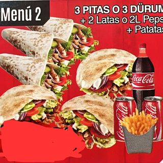 Menu 2+3pita o 3 Duram +ptata+2Latas o 2L pepsi