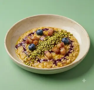 Risotto con crema di mirtilli, pancetta, zafferano