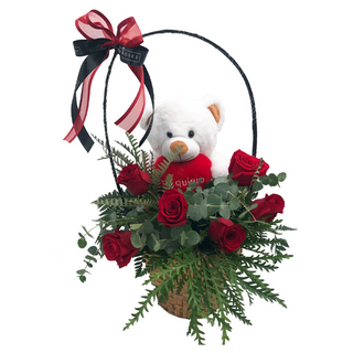 Cesta de rosas y peluche te quiero