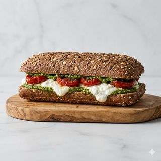 Panino integrale multicereali con pesto alla genovese, pomodorino semisecco e stracciatella della fattoria