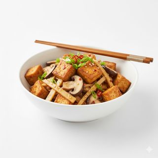 Tofu con funghi e bambu