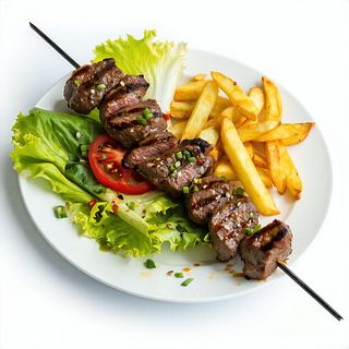 Pincho adobado, lechuga y patatas)