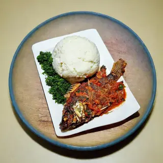 Fish(tilapia) wetfry with ugali (sima) and greens