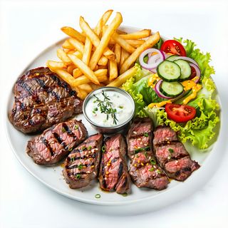 Combinado De Cuatro Carnes Con Papas Y Ensalada