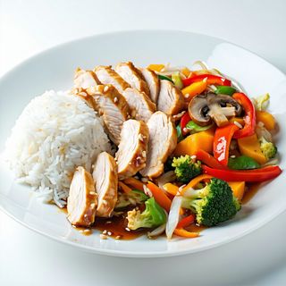 42.Пилешко месо със зеленчуци върху бял ориз (500г)