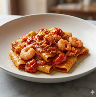 Paccheri all'astice con gamberetti e pomodorini