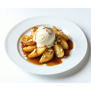 Manzana Frita Con Salsa Y Helado De vainilla Con Almendras