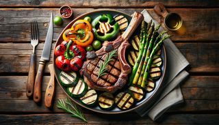 Tomahawk de porc cu legume la gratar si sparanghel